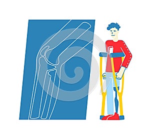 Invalid Handicapped Man Character Stand on Crutches with Leg Prosthesis Visiting Orthopedy Clinic or Hospital photo