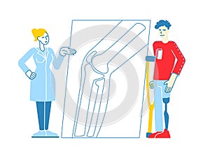 Invalid Handicapped Man Character Standing on Crutches with Prosthesis on Leg Visiting Orthopedy Clinic photo