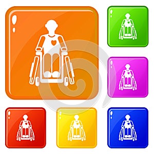 Invalid man wheelchair icons set vector color