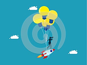 Invent innovation. floating rocket with creative light bulb balloons