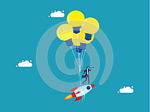 Invent innovation. floating rocket with creative light bulb balloons