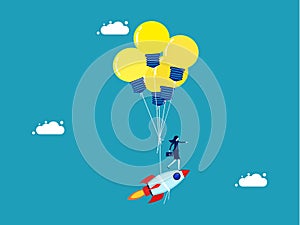 Invent innovation. floating rocket with creative light bulb balloons. vector