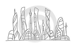 Invented city fantastic incredible and utopian skyscraper sketch high-rise buildings. Hand drawn vector stock photo