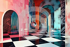 Inventive Abstract geometric room product. Generate Ai photo