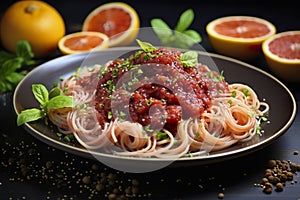 Inventive dish of spaghetti with pepper and grapefruit.