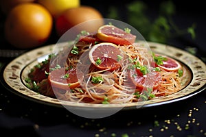 Inventive dish of spaghetti with pepper and grapefruit.