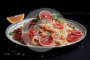 Inventive dish of spaghetti with pepper and grapefruit.