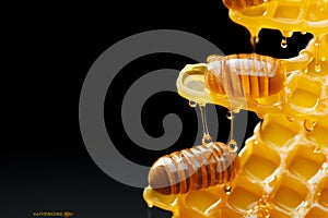 Inventive fusion honey themed text orbits dippers, honeycomb, and drops against luminous backdrop