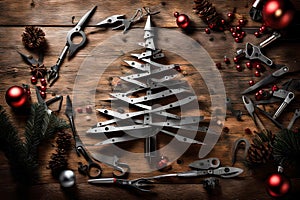 An inventive and industrial-themed Christmas image featuring a Christmas tree crafted from steel tools.