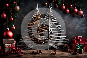 An inventive and industrial-themed Christmas image featuring a Christmas tree crafted from steel tools.