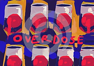 Inventive tomato with overdose text duplicated in the style of Andy Warhol and pop art, mix-media artwork, 80s hip hop graffiti.