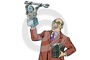 Inventor engineer and robot. isolate on white background photo