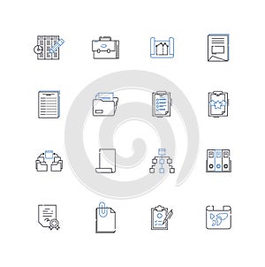Inventories and portfolios line icons collection. Collections, Stockpiles, Holdings, Repertoire, Assortment, Catalogue photo