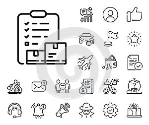 Inventory checklist line icon. Warehouse pallet sign. Salaryman, gender equality and alert bell. Vector