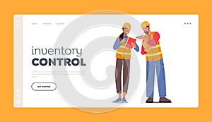Inventory Control Landing Page Template. Characters Wear Hardhat with Clipboard. Warehouse Employees, Engineer