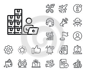 Inventory line icon. Warehouse manager sign. Salaryman, gender equality and alert bell. Vector
