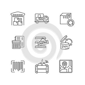 Inventory management pixel perfect linear icons set. Storage place, spoilage and purchase returns. Customizable thin