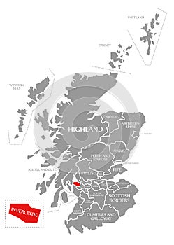 Inverclyde red highlighted in map of Scotland UK