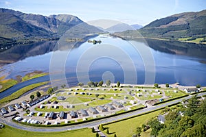 Invercoe caravan camping park site near Glencoe aerial birdseye view in the Highlands Scotland UK