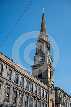 Inverness Town Steeple Tolbooth clock tower, low angle view, vertical shot, Scotland