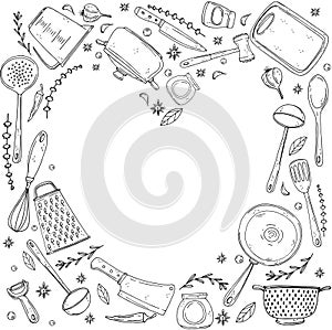 Inversion heart made of elements with hand drawn kitchenware on isolate on a white background