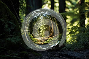 inverted image of a dense forest reflected on a glass sphere