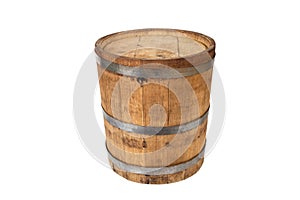 Inverted oak barrel with steel rings isolated on a white background