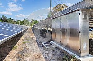 Inverter box with polycrystalline silicon solar cells or photovoltaics in solar power plant turn up skyward absorb the sunlight fr