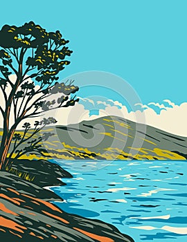 Inveruglas Isle in Loch Lomond and the Trossachs National Park Scotland UK Art Deco WPA Poster Art