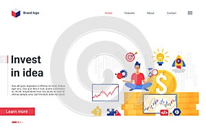 Invest in idea concept landing page, businessman with symbols of success business startup