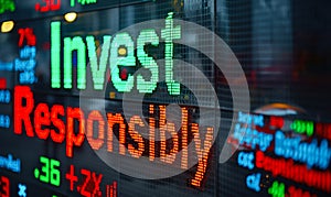 Invest Responsibly message on a digital stock market display promoting ethical investing, moral investment decisions, and