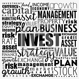 Invest word cloud collage, business concept background