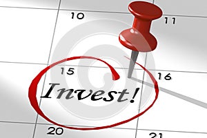 Invest word marked on calendar with push pin