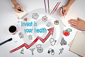 Invest in your health concept. Healty lifestyle background. The meeting at the white office table