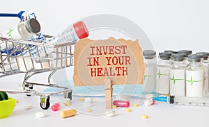 Invest in your health , Healthy lifestyle concept with diet and fitness, fitness equipment and healthy food