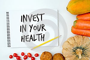 Invest in your health , Healthy lifestyle concept with diet and fitness , Get fit in  , fitness equipment and healthy food