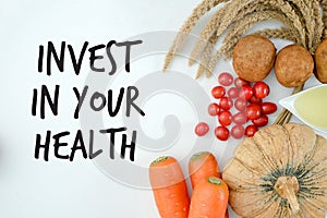Invest in your health , Healthy lifestyle concept with diet and fitness , Get fit in  , fitness equipment and healthy food