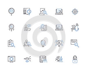 Investigate line icons collection. Scrutinize, Analyze, Examine, Research, Probe, Inspect, Delve vector and linear photo