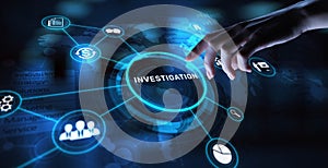 Investigation Analyzing and Uncovering Facts, projection on a virtual screen, Business and Technology Concept