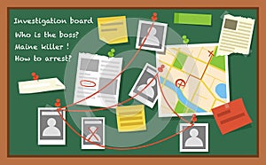 Investigation board flat vector illustration. Crime scene map and suspects pinned photos. Detective research, police