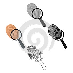 Investigation by fingerprint magnifier, crime. Loupe is a detective tool, single icon in cartoon,black style vector