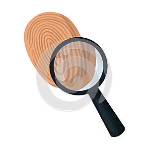 Investigation by fingerprint magnifier, crime. Loupe is a detective tool, single icon in cartoon style vector symbol