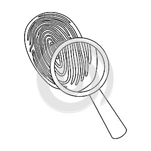 Investigation by fingerprint magnifier, crime. Loupe is a detective tool, single icon in outline style vector symbol