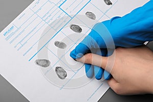 Investigator taking fingerprints of suspect at table. Criminal expertise