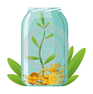 Investing bottle money, icon. Money growing concept, finance savings tree, finances investment. Money growing plant step