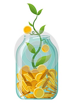 Investing bottle money, icon. Money growing concept, finance savings tree, finances investment. Money growing plant step