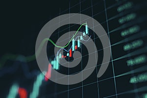 Investing and economy growth concept with perspective view on digital financial chart candlestick on dark trader monitor screen