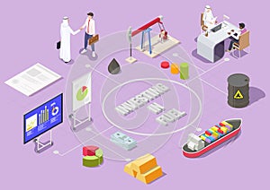 Investing in fuel vector isometric flowchart. Oil extraction, signing investment agreement. Petroleum industry.