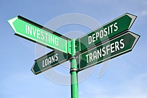 Investing, loans, deposites, transfers - green signpost with for arrows