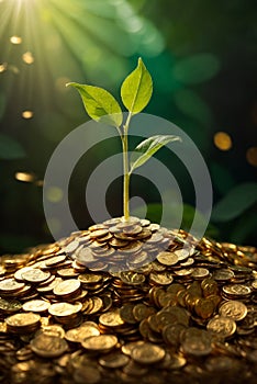 Investing to green business, Plant growing on coins stack for financial and banking concept,AI Generated